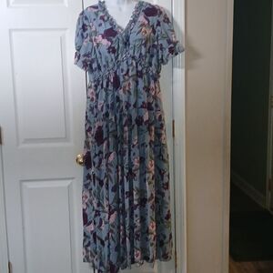 Floral print country blue short sleeve lined  maxi dress baby shower Sz XL NWOT